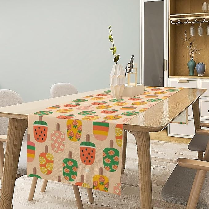 Summer Popsicles Table Runner, Colorful Cute Ice Cream Childish Seasonal Dinner Runner for Party Holiday Home Kitchen Dining Table Decor 13"x70"