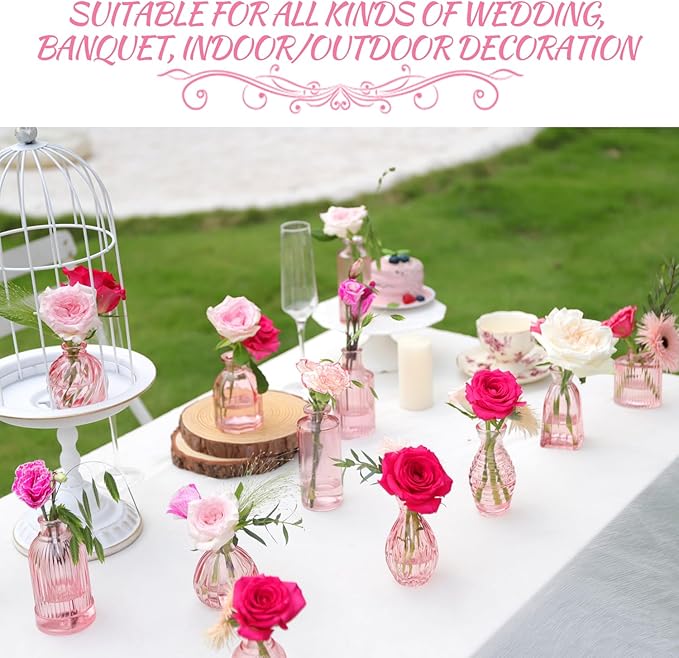 Pink Vase, Bud Vases Set of 12, Small Pink Glass Vases for Flowers Modern Ribbed Glass Bud Vase for Decor Wedding Flower Vase in Bulk Vintage Decor Bridal Shower Centerpieces Home Table Decoration