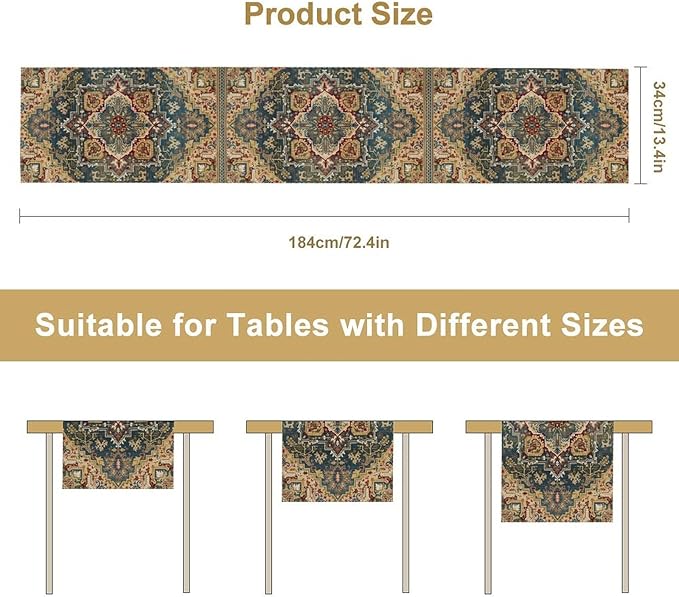 Boho Bohemia Style Table Runner, Country Rustic Farmhouse Vintahe Colorful Geometry Print Table Runner for Home Kitchen Dinner Party Holiday Decor, 13x60inch