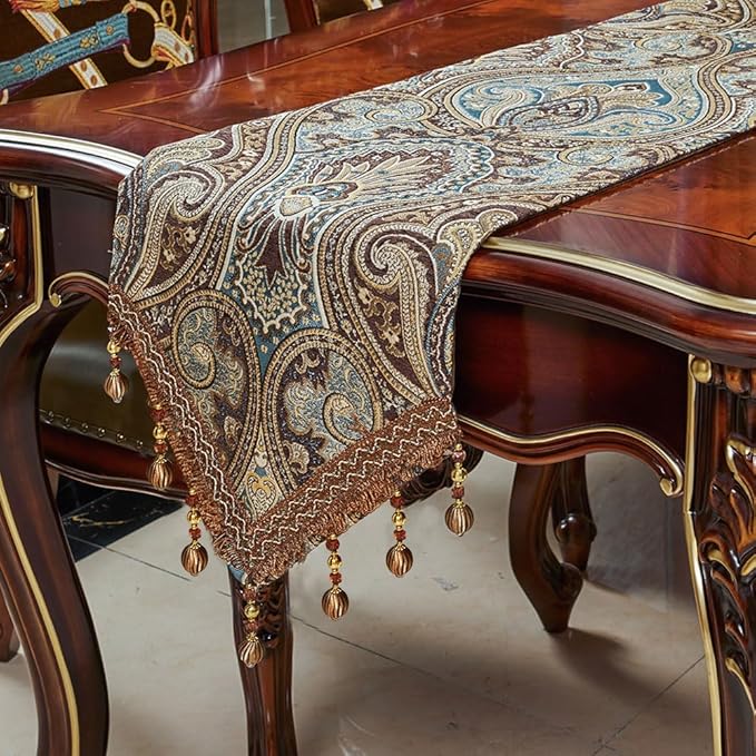 Luxury Vintage Design Table Runner 120 inches Long Embroidery Jacquard Fabric with Multi-Tassels Table Runners for Dining Room Dresser Wedding Holiday Party Fireplace Decorations (Coffee, 12X120inch)