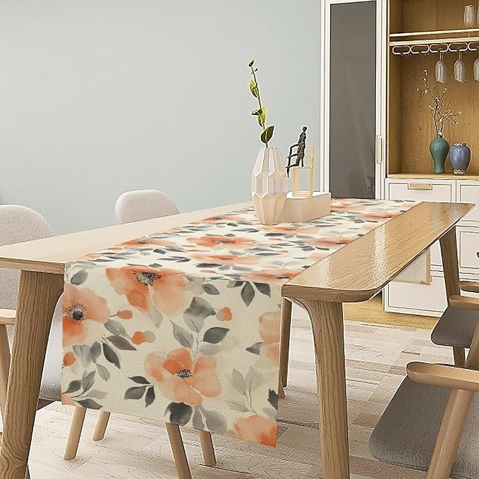 Floral Fall Table Runner, Rustic Watercolor Orange Flowers Seasonal Summer Autumn Table Runner for Kitchen Dinning Table Runner Decor Home Wedding Party Holiday, 13x60 Inch
