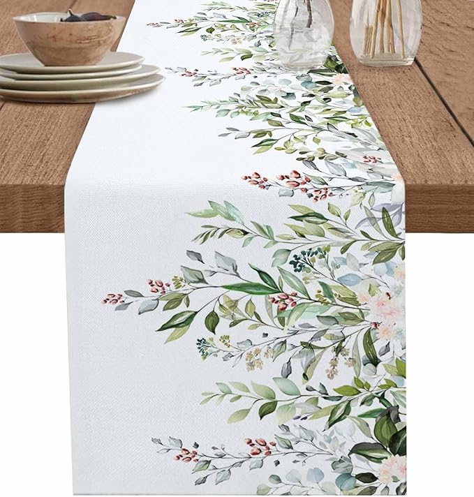Botanical Eucalyptus Cotton Linen Table Runner for Dining Kitchen, Wedding Outdoor Party Tablerunners Decoration, Sage Green Leaves Elegant Floral Dresser Scarf Coffee Tablecloth Runners 13x72 Inches