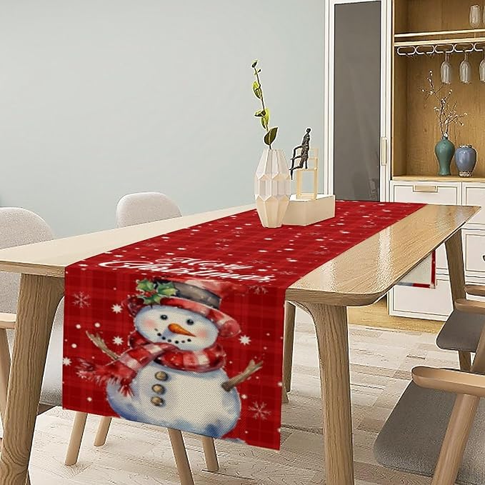 Christmas Table Runner,Christmas Snowman Snowflakes Winter Seasonal Table Cloth Kitchen Dining Table Decoration for Home Party Decor 13x70 Inch