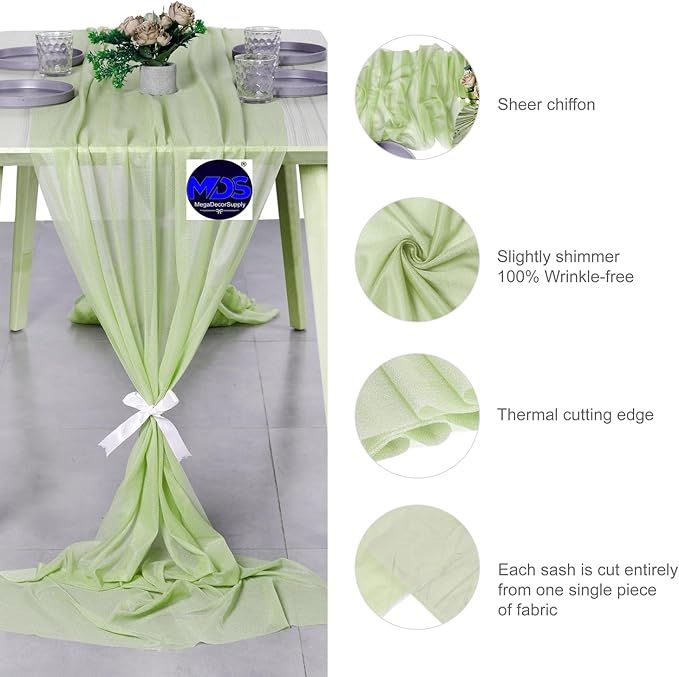 MDS 10 Pack 10ft Chiffon Table Runner 29 x 120 Inches Sheer Wedding Runner Romantic Rustic Table Runner for Wedding Decorations, Birthday Parties, Bridal Shower Party Arch Decor - Sage Green