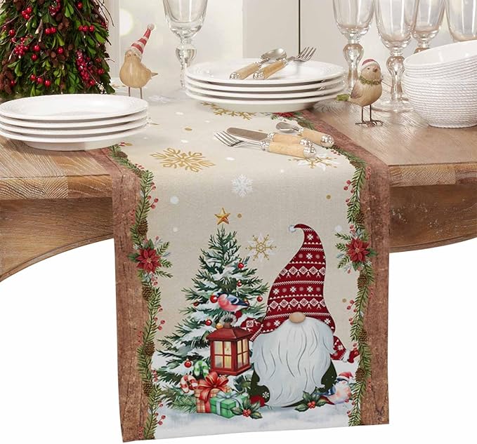 Christmas Gnomes Cotton Linen Table Runner for Dining Kitchen, Xmas Pine Tree Snowflake Rustic Wedding Outdoor Party Tablerunners Decoration, Retro Wood Dresser Scarf Tablecloth Runners 13x48 Inches