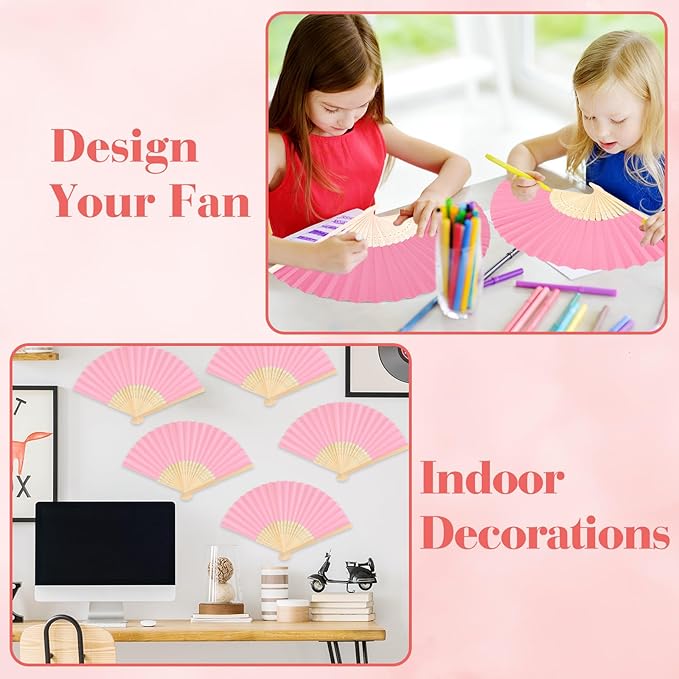12 Pieces Pink Hand Held Bamboo Folding Fans Paper Fans Handheld for Women Foldable Girls Wedding DIY Decoration Church Home Party Favors Summer