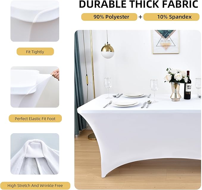 6-Pack 4ft White Spandex Table Covers for Rectangular Folding Tables - Wrinkle Resistant Stretch Tight Table Cloths - Ultimate Fitted Table Protector for Parties, Trade Shows, and Wedding