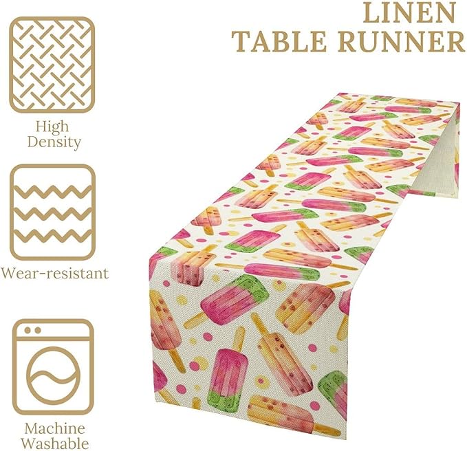 Ice Cream Popsicles Table Runner, Watercolor Summer Seasonal Fruit Peach Kiwi Berry Popsicles Orange Pink Sweet Dessert Dinner Runner for Party Holiday Home Kitchen Dining Table Decor 13"x70"