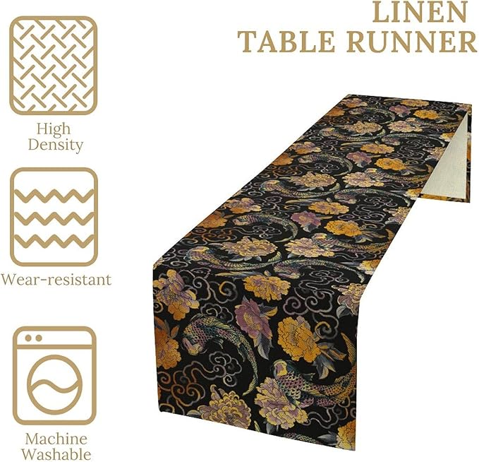 Japanese Table Runner Retro Flowers Oriental Tradition Kio Fish Art Printed Burlap Runner Home Kitchen Dining Table Living Room Decor Fabric 1 Panel W13xL108in