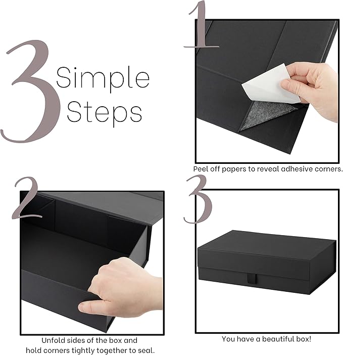 Hard Black Gift Box With Magnetic Closure Lid 10.5"x7"x3" Pack Of 2 Black Ribbed Rectangle Favor Boxes With Black Ribbed Finish For Wedding, Bridesmaid Groomsman Proposal, Clothing (2 Boxes)