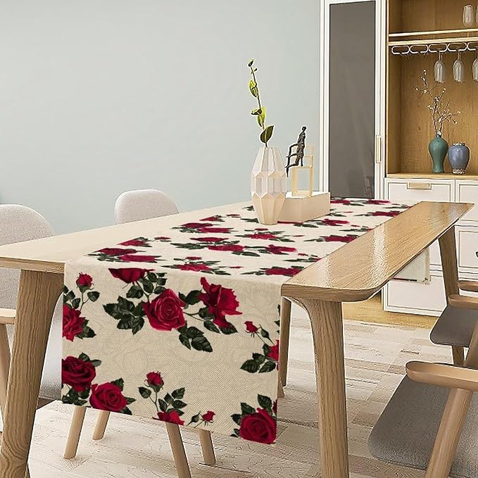 Vintage Rose Table Runner, Red Flowers Green Leaves Valentine's Day Table Runner for Kitchen Dinning Table Runner Decor Home Wedding Party Holiday, 13x120 Inch