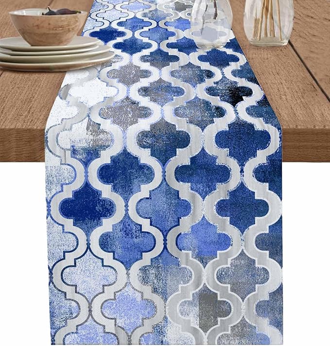 Blue Morocco Plaid Cotton Linen Table Runner for Dining Kitchen, Wedding Outdoor Party Tablerunners Decoration, Distressed Abstract Painted Vintage Dresser Scarf Coffee Tablecloth Runners 13x60 Inches