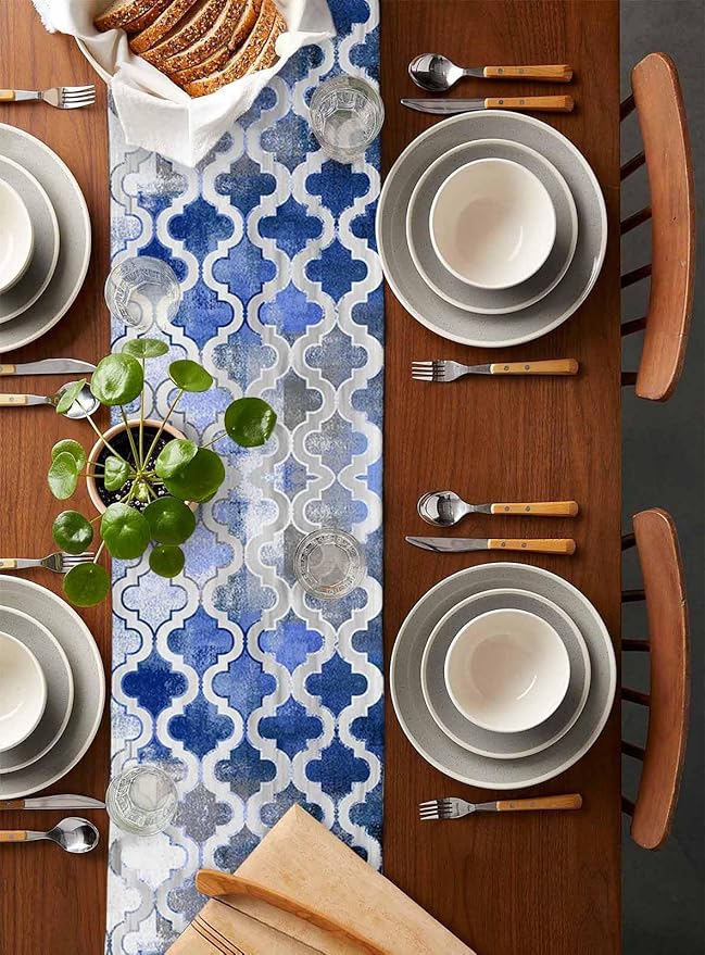 Blue Morocco Plaid Cotton Linen Table Runner for Dining Kitchen, Wedding Outdoor Party Tablerunners Decoration, Distressed Abstract Painted Vintage Dresser Scarf Coffee Tablecloth Runners 13''x120''