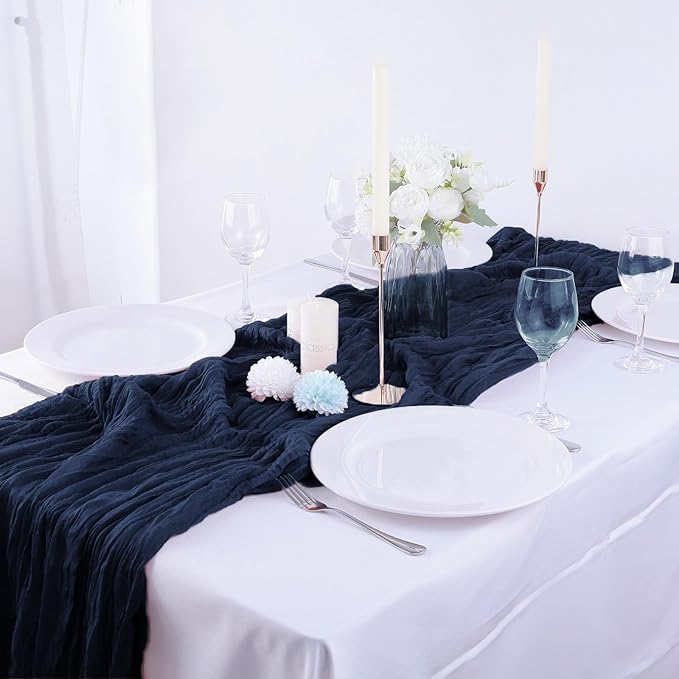 Boho Gauze 16PCS Navy Blue Cheesecloth Table Runners - 35x120Inch Long Rustic Sheer Table Decor for Wedding, Party, Baby, Bridal Shower