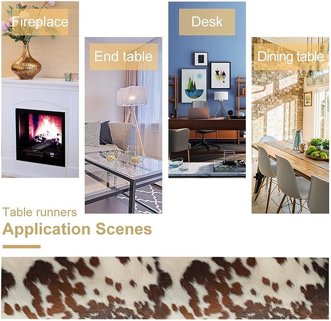Farmhouse Cow Skin Print Table Runner, Safari Wildlife Brown Country Farm Cowhide Pattern Cotton Linen Rustic Cottage Table Runner for Dinning Home Party Holidays Home Setting, 13x60 Inch