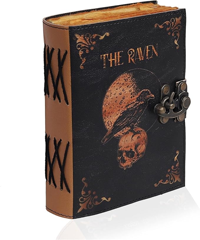 Leather Gothic Journal Magical Raven Skull Spiral Notebook Mystery Crow Journal Grimoire Witchcraft Spellwork Journal Great for Halloween and Raven Lovers Aesthetic Leather Journal for Men and Women (8 x 6 inches)