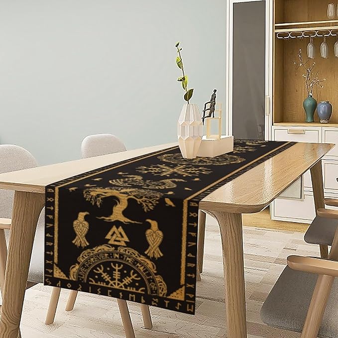 Viking Tree of Life Abstract Table Runner for Living Room Home Party Coffee Dining Party Wedding Golden Black Celtic Style Geometric Dragon Boat Rudder Ancient Script Table Runner 13x70 Inch
