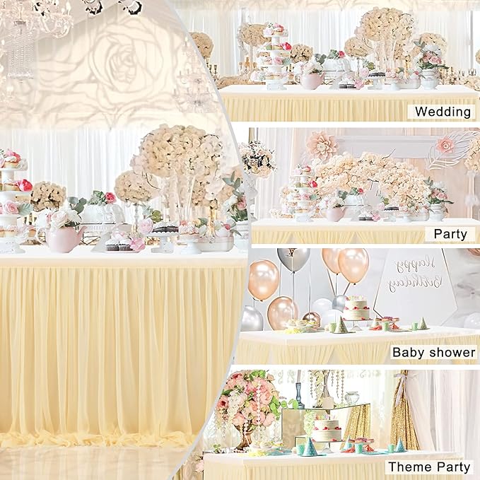 14ft Champagne Table Skirt Tulle Wedding Table Cloth Elegant Tutu Table Skirt Cover for Birthday Party Baby Shower Dessert Buffet Banquet Table Decorations