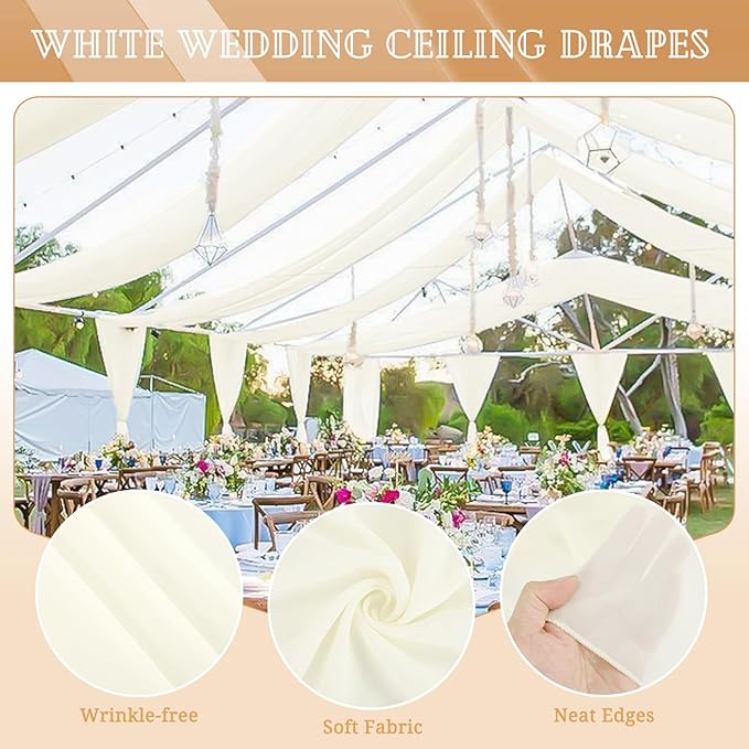 6 Panels Ivory Ceiling Drapes for Wedding 5ftx40ft Sheer Drapery Chiffon Fabric Arch Draping Curtains for Party Ceremony Birthday Baby Shower Reception Stage Ceiling Decorations