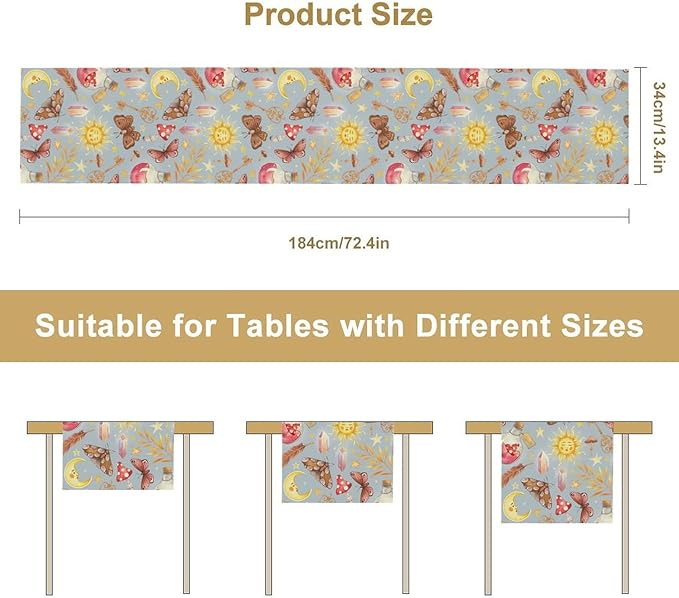 Boho Sun Moon Table Runner Mystical Rustic Butterfly Mushroom Star Table Runner for Kitchen Living Room Dinner Holiday 13x36 Inch