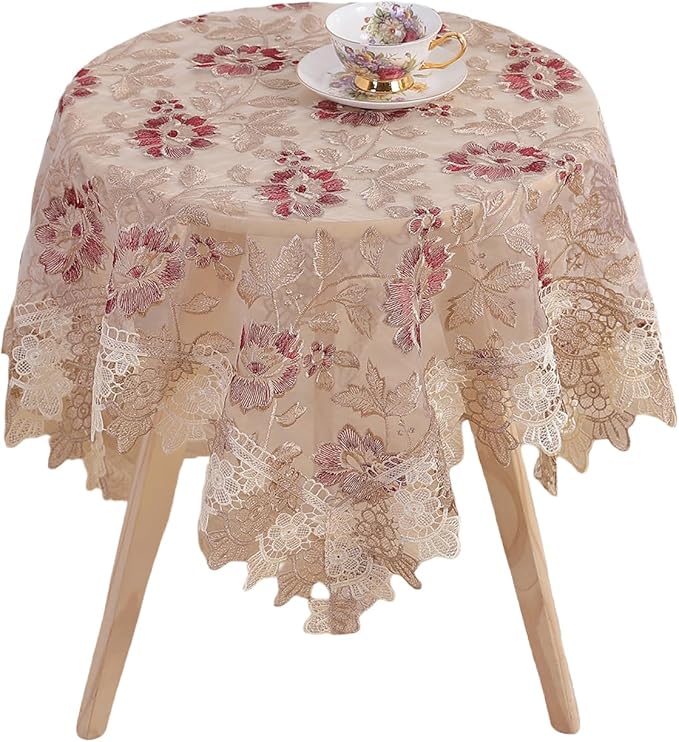 Round Embroidered Lace Tablecloth Vintage Decorative Exquisite Border Table Cover for Party Wedding Home Decorations, Round-35, Red