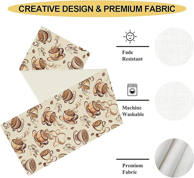 Coffee Time Table Runner, Farmhouse Retro Coffee Cup Tea Party Cafe Table Center Decor for Home Kitchen Dining Patio Holiday Party Indoor Outdoor Table Decorations,13"x90" Inch