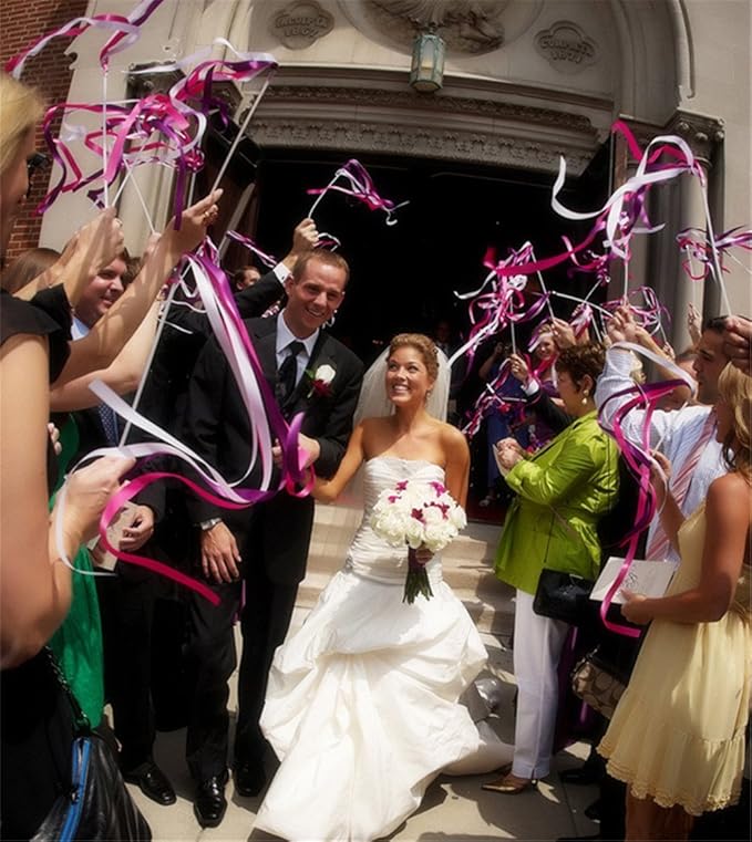 50pcs Ribbon Stick Wands Off White Streamers with Gold Bells for Wedding Party Favors for Guests
