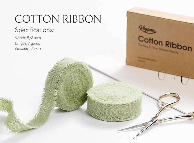 Sage Green Ribbon 5/8" x 21 Yards with Frayed Fringe Fabric Cotton Ribbons for Gift Wrapping Wedding Invitations Flower Bouquet Baby Shower