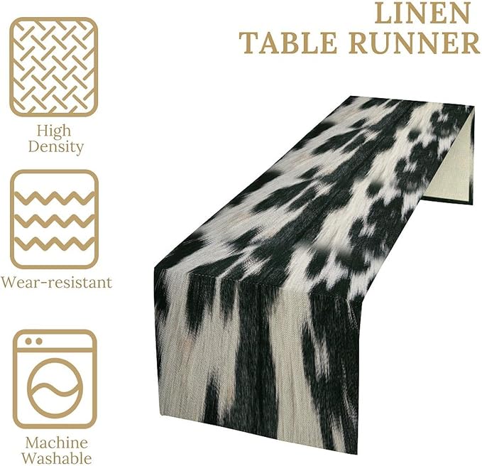 Rustic Cow Skin Print Table Runner, Country Farm Animal Fur Skin Pattern Western Style Brown Cowhide Print Cotton Linen Cottage Dinner Runner for Home Kitchen Dining, 13x120 Inch
