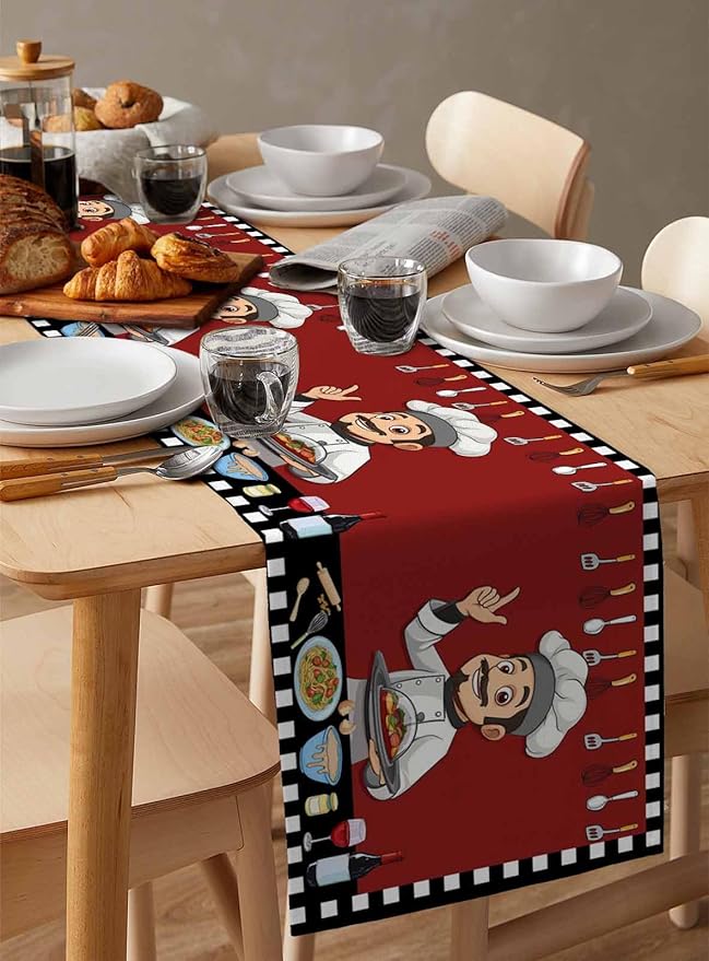 Red Chef Gourmet Cotton Linen Table Runner for Dining Kitchen, Wedding Outdoor Party Tablerunners Decoration, Black White Check Plaid Funny Kitchen Dresser Scarf Coffee Tablecloth Runners 13''x108''
