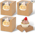 JCD 120pcs Cupcake Boxes, 3.5inches Individual Pre-Assembled Kraft Brown Cupcake Boxes with Window Single Cupcake Containers for Mother's Day, Birthdays, Baby Shower (Brown/120Pcs)