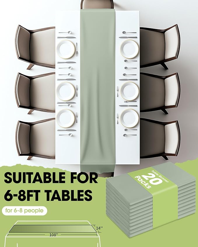 Pureegg Sage Green Plastic Table Runners - 20 Pack, 14'' x 108'', Water Resistant & Disposable Centerpiece Decorations for Table Cloth, Wedding, Birthday, Holiday, Baby Shower, Party, Home Decor