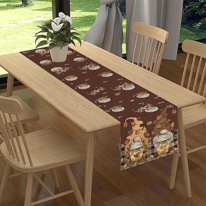 Coffee Time Table Runner, Farmhouse Retro Gnome Coffee Cup Tea Party Cafe Brwon Table Center Decor for Home Kitchen Dining Patio Holiday Party Indoor Outdoor Table Decorations,13"x108" Inch
