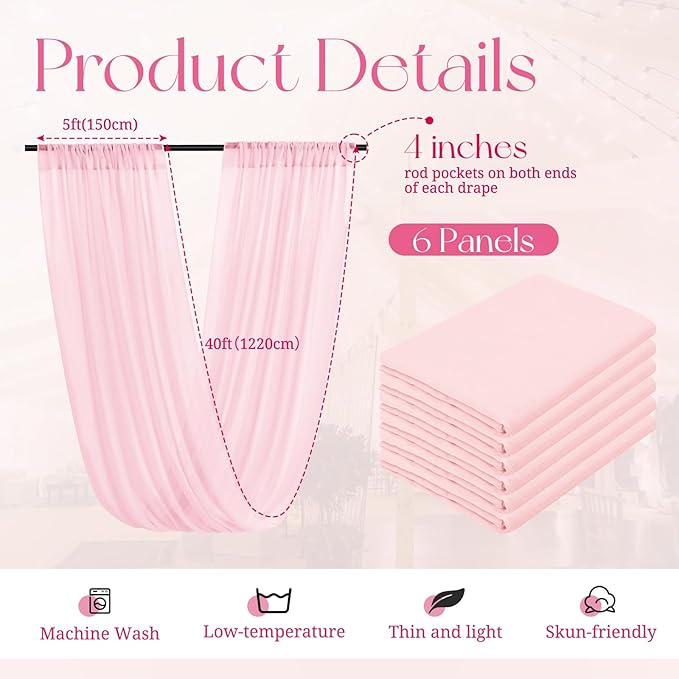 6 Panels Pink Ceiling Drapes for Wedding, 5ftx40ft Ceiling Drapes Cheesecloth Sheer Fabric Curtain Wedding Arch Draping Fabric Romantic Ceilings Decorations for Weddings Party Ceremony Stage