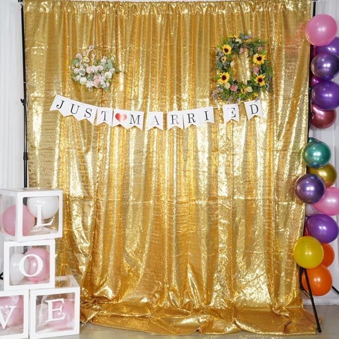 Poise3EHome 8Ft x 8Ft Gold Sequin Backdrop Curtain, Glitter Thick Satin Background Drapes, Sparkly Opaque Photography Curtain, Sequence Xmas Thanksgiving Backdrop for Wedding Party Holiday Decor