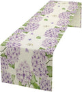 Watercolor Hydrangea Flower Table Runner, Spring Summer Seasonal Plants Butterfly Pink Lavender Dinner Runner for Home Kitchen Dining Table Party Holiday Decoration 13"x120"