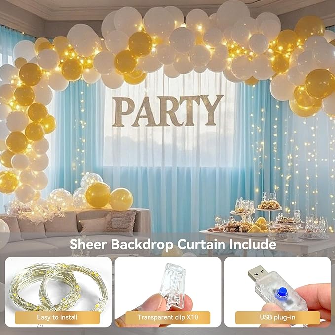 10×8ft Tulle Backdrop Curtains with Lights String - 300LED Fairy Lights Sheer Curtain Backdrop for Weddings Baby Shower and Birthday Party Decorations(8 Panels 5×8ft)
