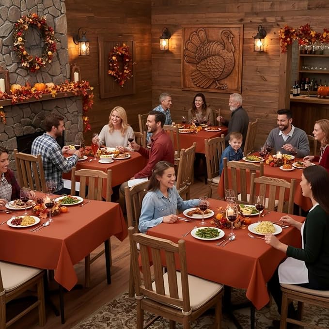 sancua Thanksgiving Square Tablecloths 85x85 Inch Rust, 2 Pack Fabric Fall Table Cloth for Square or Round Tables, Burnt Orange Washable Polyester Table Cover for Dinner, Holiday Party, Display Tables