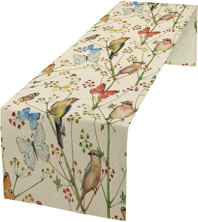 Brown Bird Floral Table Runner Spring Flower Kitchen Table Decoration Suitable for Family Dinner Decoration 13x36 Inch