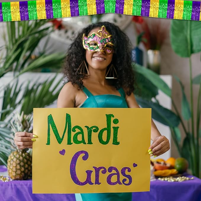 10 Pack 10 Feet Mardi Gras Foil Fringe Garland Metallic Tinsel Streamers Banner Wall Hanging Backdrop for Parade Floats, Bachelorette, Wedding, Birthday, Carnival Party Decorations(Gold Green Purple)
