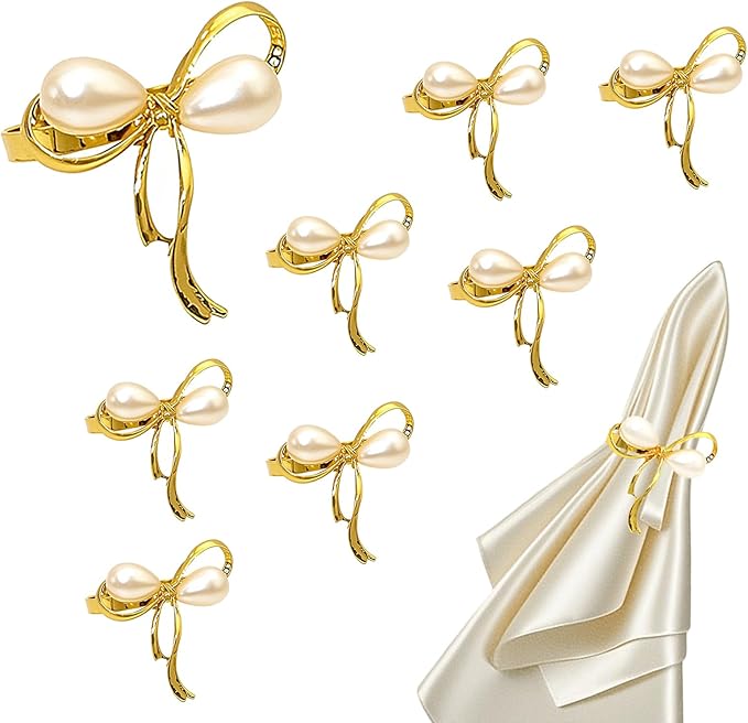 Gold Napkin Rings Set of 8 Pearl Bow Napkin Rings for Napkins,Rustic Napkin Ring Holders, Butterfly Knot Napkin Holders for Cloth Napkins,Christmas Bow Tie Napkin Ring for Dining Table Decor