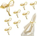 Gold Napkin Rings Set of 8 Pearl Bow Napkin Rings for Napkins,Rustic Napkin Ring Holders, Butterfly Knot Napkin Holders for Cloth Napkins,Christmas Bow Tie Napkin Ring for Dining Table Decor