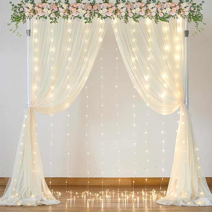 Ivory Tulle Backdrop Curtains with Lights String for Parites Wedding 10×10ft Sheer Backdrop Curtains for Baby Shower Birthday Party Photo Shoot Background Decorations