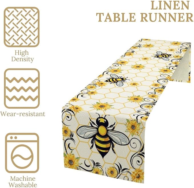 Bee Sunflower Table Runner, Farmhouse Orange Honeycomb Vintage Spring Summer Flowers Print Table Cover for Party Wedding Home Kitchen Dining Table Decor, 13x90inch