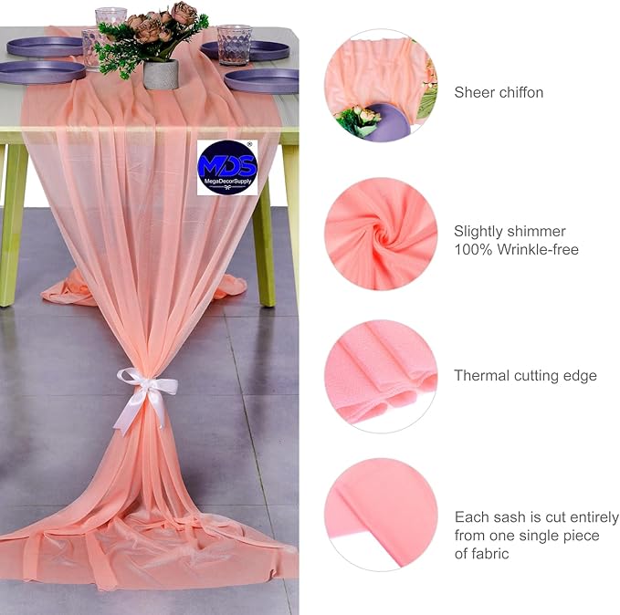 MDS Halloween Chiffon Table Runner - 10 Pack, 29 x 120 Inches, 10ft Each - Sheer Spooky Table Runners for Haunted House Parties, Trick-or-Treat Tables, Witchy Décor, Wedding & Events - Peach