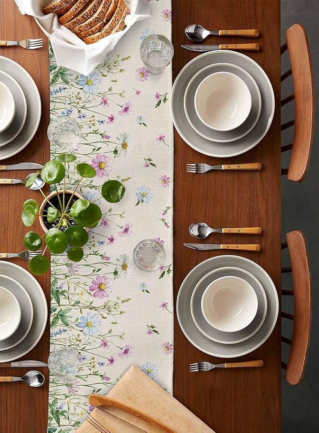Vintage Wildflowers Cotton Linen Table Runner for Dining Kitchen, Wedding Outdoor Party Tablerunners Decoration, Farm Floral Pink Botanical Plants Dresser Scarf Coffee Tablecloth Runners 13x60 Inches