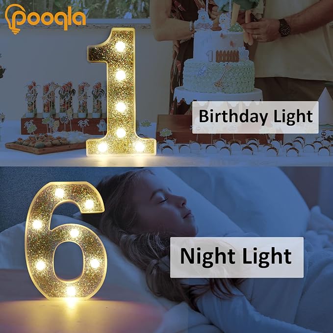 Pooqla Marquee Light up Numbers, Lighted Numbers for 1st Birthday Decorations, Night Light Battery Powered for Silver Party Decorations, Gift for Boys Girls Christmas Wedding Home Room Decoration