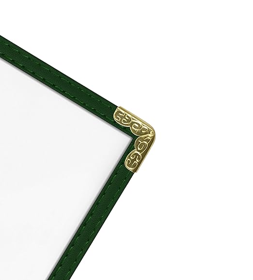 Goodsmart Restaurant Menu Covers – 25 Pack Green 4-View, Side-Loading Menu Holders, Vinyl & Plastic Café Menu Covers, Clear Menu Sleeves, Fits 5.5" x 8.5", Leather-Style Design, Gold Corners