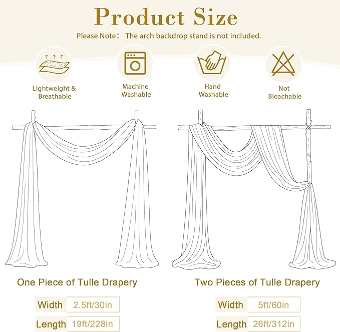 Wedding Arch Draping Fabric Backdrop 1 Panel 30" x 19Ft Champagne Drapes Curtains for Wedding Reception Sheer Tulle Backdrop Curtain for Ceremony Birthday Party Baby Shower Arbor Ceiling Decorations