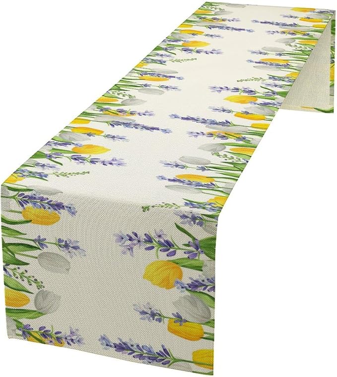 Floral Tulip Lavender Table Runner, Spring Watercolor Flower Plants Nature Butterfly Table Runner for Kitchen Dinner Living Room Home Party, 13x108 Inch